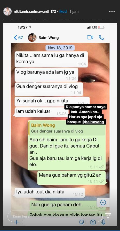 Bukti yang diunggah Nikita Mirzani bahwa Baim Wong sudah mengetahui nomor telepon pribadinya.