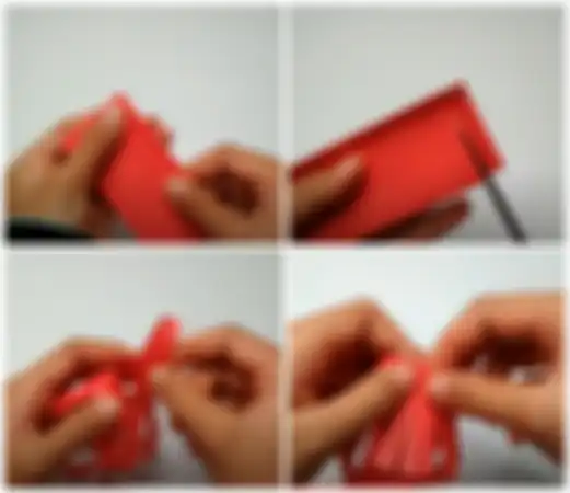 Langkah-langkah membuat hiasan gantung nuansa merah putih. (Searah jarum jam dimulai dari pojok kiri atas: tutorial step 2, 3, 4 dan 5)