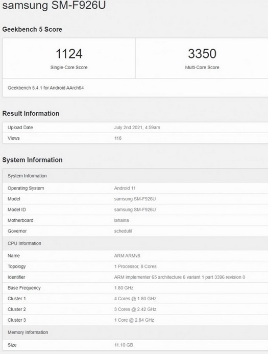 Bocoran sertifikat GeekBench Samsung Galaxy Z Fold3 yang pakai Snapdragon 888 dan RAM 12GB.