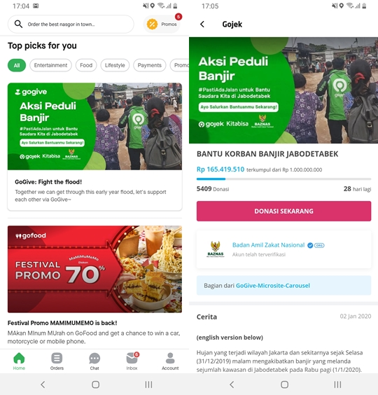 Tampilan halaman donasi di aplikasi GoJek