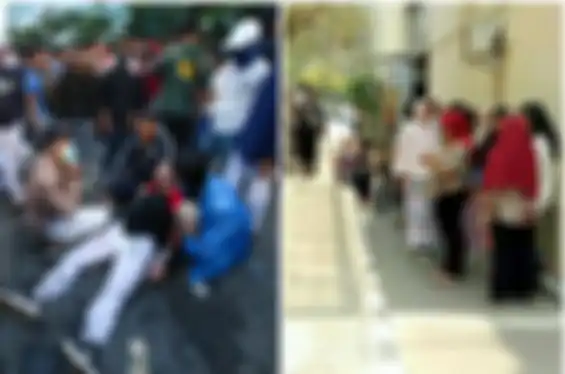 Kiri: Pelajar terluka kena gas air mata di Pejompongan Jakarta Barat saat ikuti demo tolak RKUHP, kanan: orangtua demonstran berkumpul di depan gedung sabhara Polda Metro Jaya