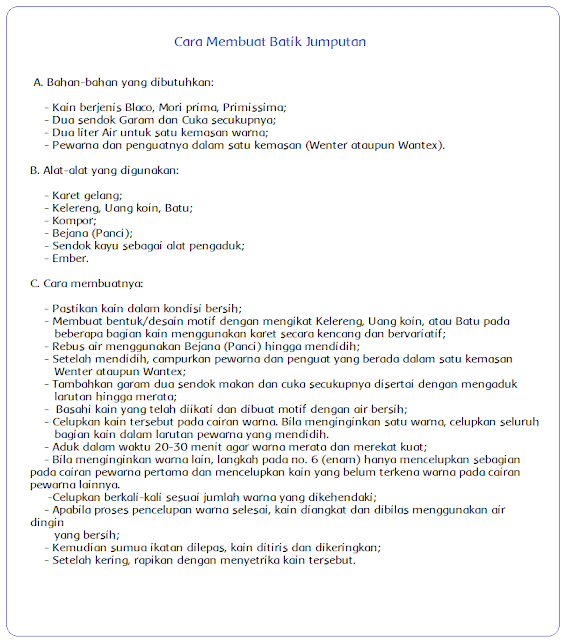 Ini jawaban bagaimana cara membuat batik jumputan yang menjadi soal buku tematik kelas 5 SD tema 9