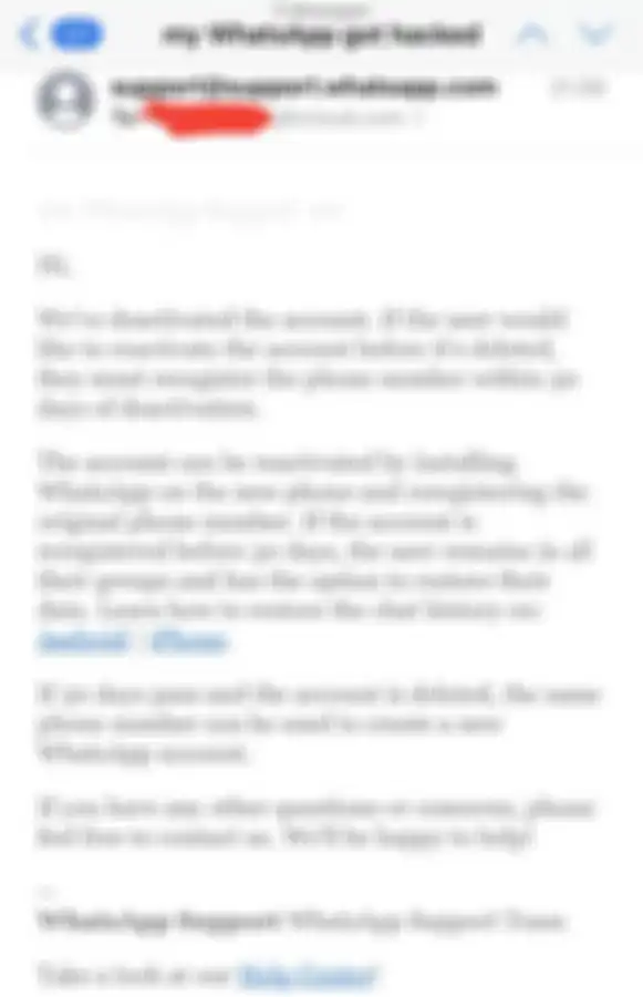 Email balasan WhatsApp terkait akun WhatsApp yang kena hack