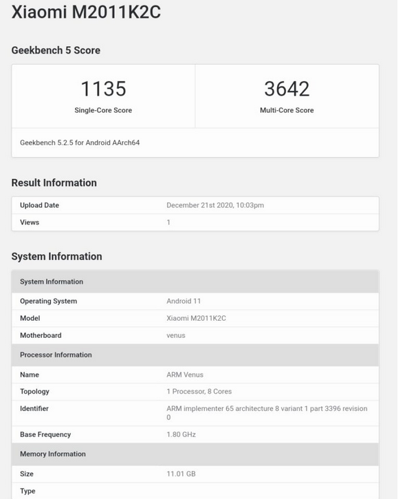 Sertifikasi GeekBench Xiaomi Mi 11.