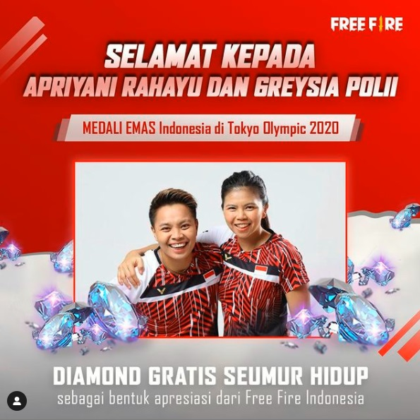 Hadiah diamon Free Fire gratis seumur hidup dari Garena untuk Greysia Polli da Apriyani Rahayu.