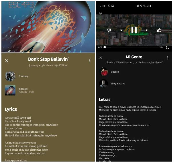 Teks lirik yang muncul di YouTube Music