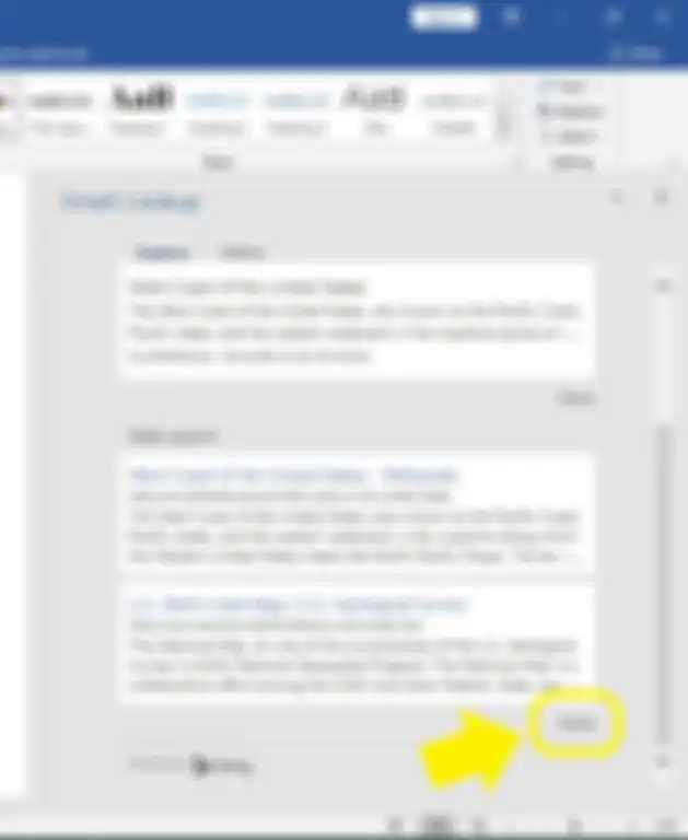 Tombol More untuk mencari sumber skripsi lebih banyak di fitur Smart Lookup Microsoft Word .