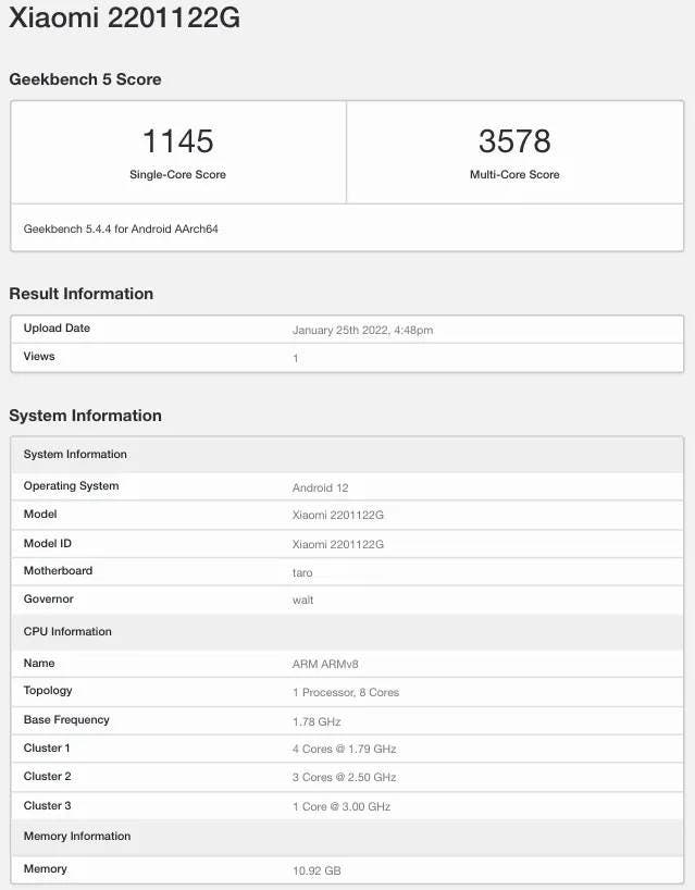 Skor Geekbench Xiaomi 12 Pro
