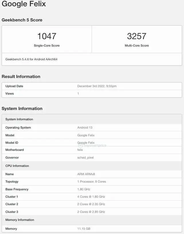 Benchmark Google Felix atau Google Pixel Fold