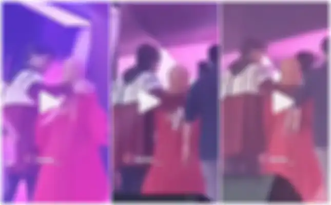 Rizky Billar merangkul Lesty Kejora di depan banyak orang