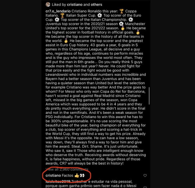 Cristiano Ronaldo mengomentari Factos di postingan akun Instagram penggemarnya dan memberikan tanda like