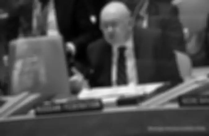 Duta Besar Rusia untuk PBB Vassily Nebenzia berbicara selama pertemuan Dewan Keamanan PBB, di Markas Besar PBB di New York City, New York, AS.