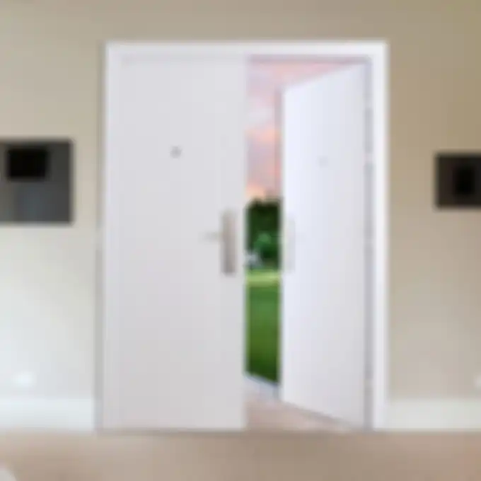 Ilustrasi pintu baja fortress minimalis, cocok untuk rumah urban. 