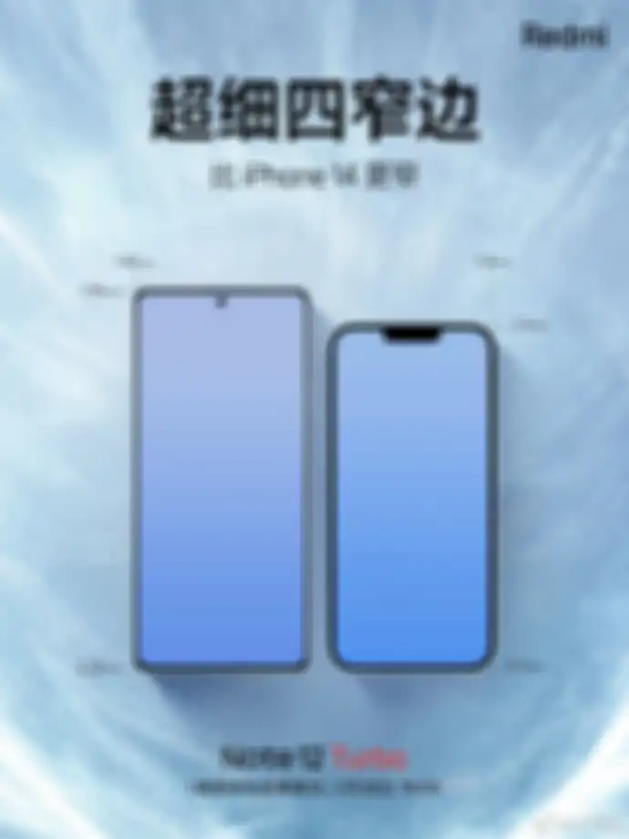 Poster resmi Redmi yang mengklaim bezel Redmi Note 12 Turbo jauh lebih tipis dari iPhone 14. 