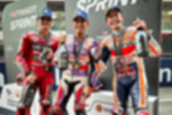 Francesco Bagnaia P2 (kiri), Jorge Martin P1 (tengah) dan Marc Marquez P3 (kanan) di balap Sprint MotoGP India 2023.