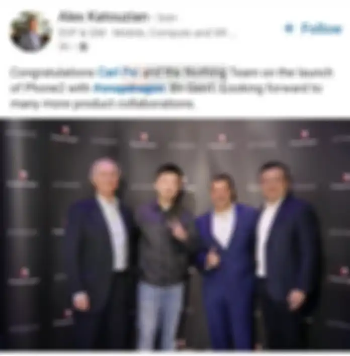Unggahan LinkedIn eksekutif Qualcomm, Alex Katouzian yang telah di-edit tentang Nothing Phone (2) yang akan menggunakan Snapdragon 8+ Gen 1. 