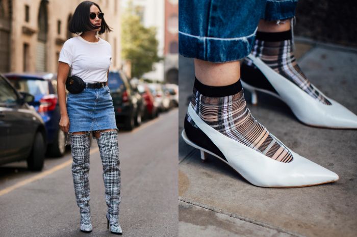 Kamu bisa menggunakan kaus kaki bermotif plaid, atau boots bermotif plaid