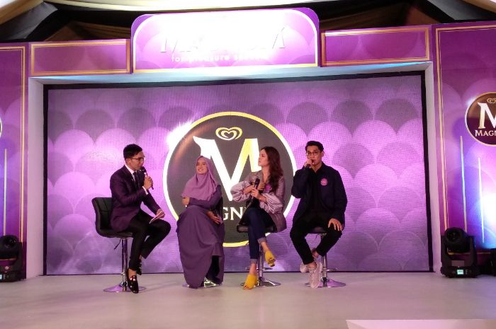 Raisa tampak hadir dalam acara peluncuran Magnum Hazelnut Luxe, Rabu (02/05), di Studio 6 Emtek, Jakarta