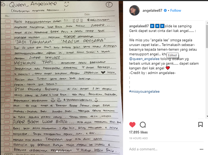 Angela Lee menuliskan surat terbuka soal pengalamannya selama berada di penjara yang diunggah di instagram.