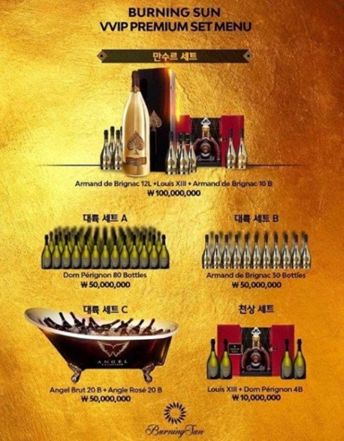 Daftar menu di Burning Sun club milik Seungri.