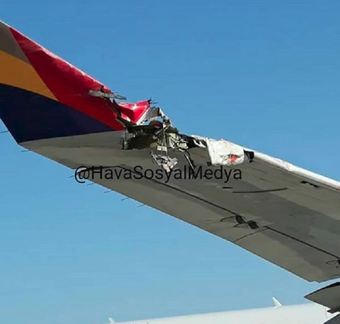 Kondisi sayap Asiana Airbus A330 (HL7792) setelah menabrak sayap belakang Turkish Airlines