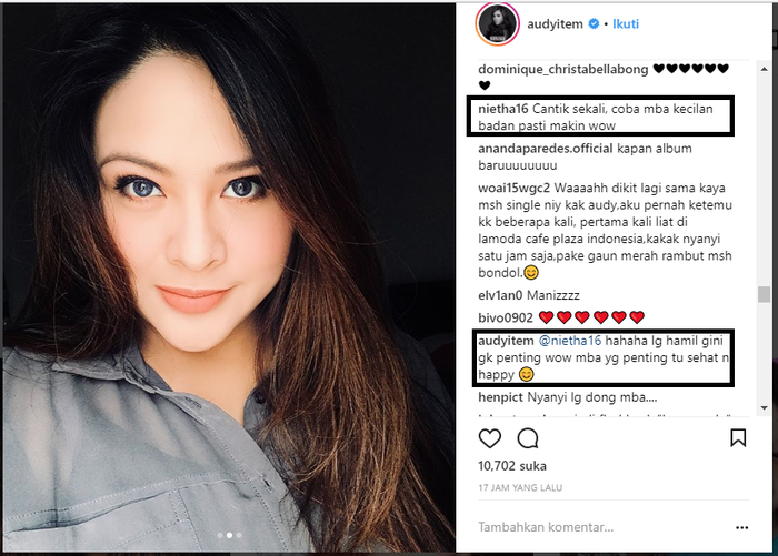 Unggahan foto Audy Item di Instagram pribadinya.