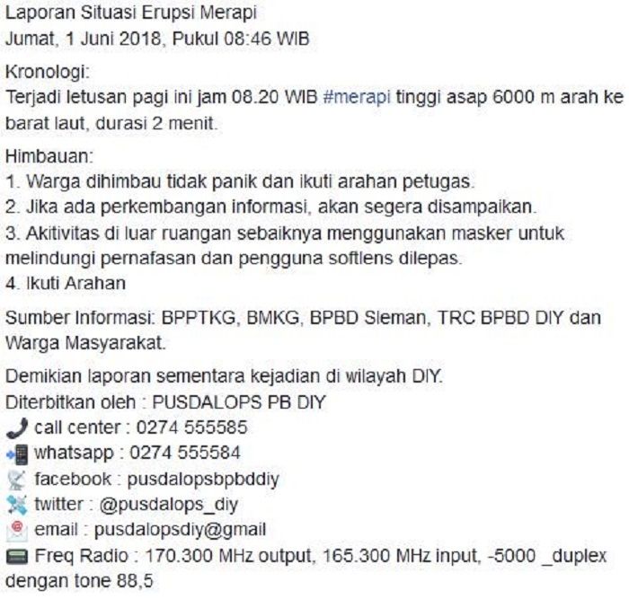 Edaran terkait erupsi Merapi pagi ini (1/6/2017)