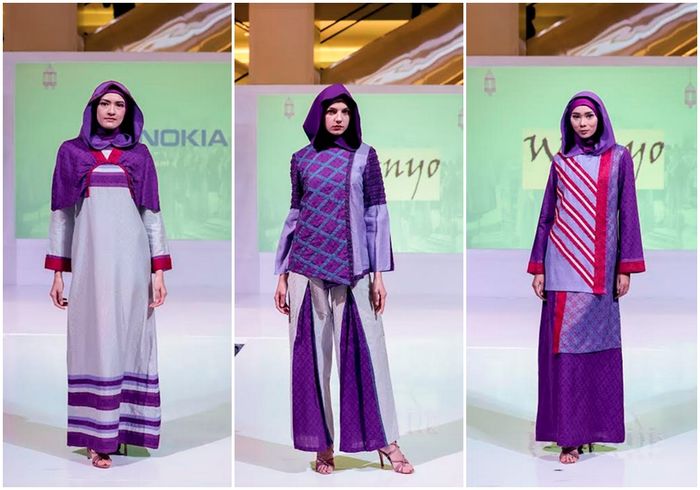 Deret koleksi karya rancangan desainer Wignyo Rahadi yang mengusung tenun dan warna ungu.