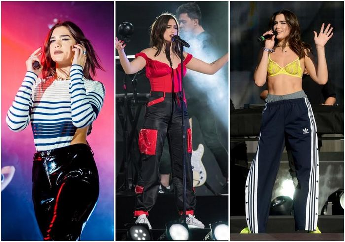 Dua Lipa juga suka memadukan atasan bra atau korset dengan celana training atau celana gombrong yang sporty.