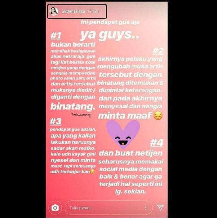 Audi Marissa tanggapi kasus wajah Ayu Ting Ting yang diedit dengan wajah monyet