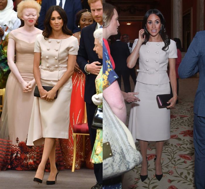 Meghan Markle kenakan cap-sleeve midi dress dari Prada. 