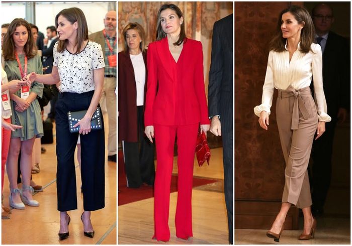Pant suit atau gaya two pieces dengan celana palazzo atau kulot yang kerap digunakan olej Ratu Letizia bisa kamu coba. 
