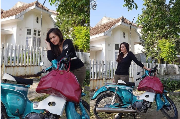 Naik motor jadul, Wulan kenakan tas merek Gucci