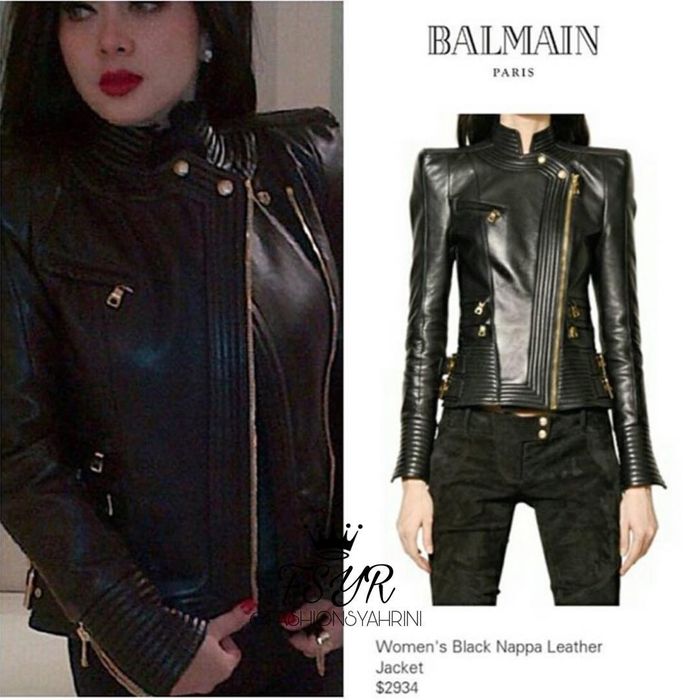 Syahrini sempat terlihat memakai jaket kulit berwarna hitam dari brand Balmain