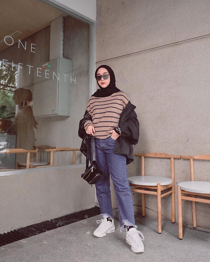 Stripe blouse dan oversized jaket