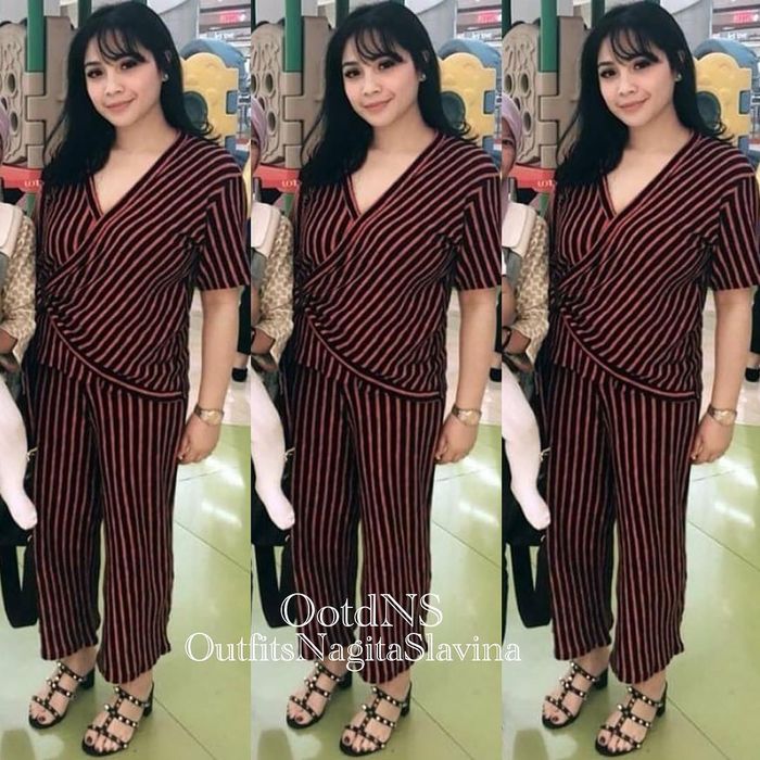 Nagita dengan setelan busana stripe