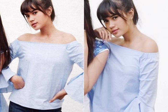 Audi Marissa memilih mengenakan busana off shoulder long sleeves 
