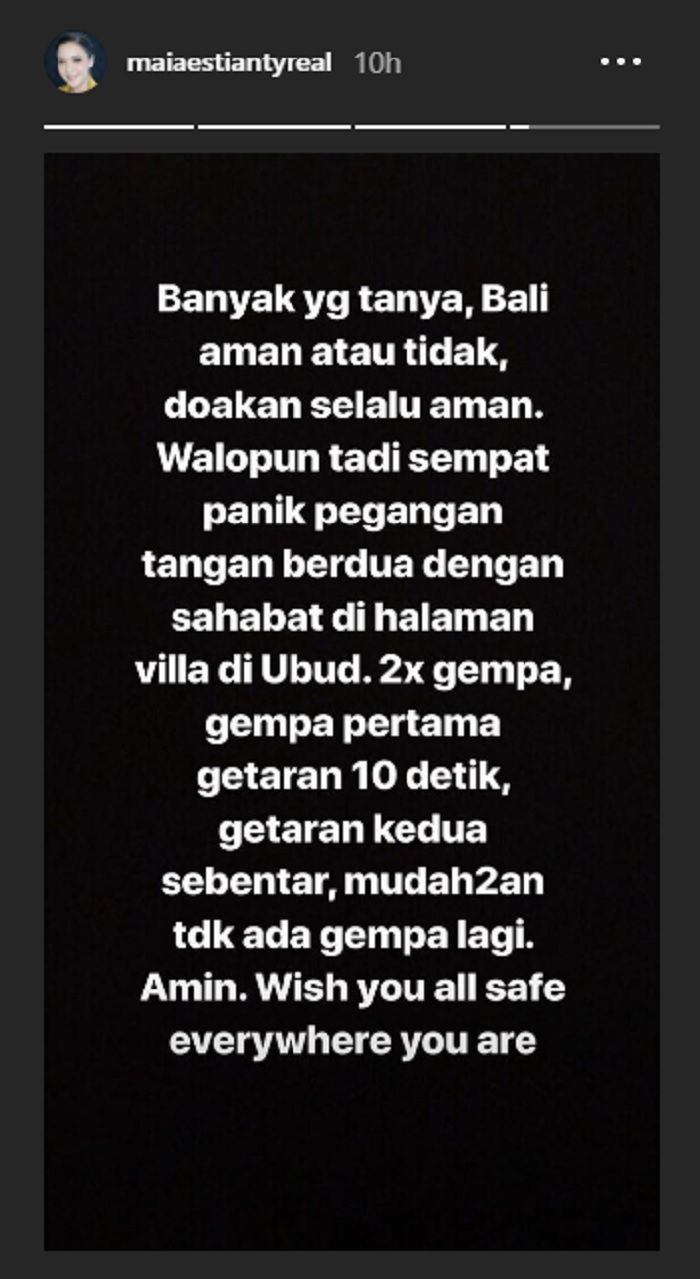 Unggahan Instagram Story Maia Estianty di @maiaestiantyreal terkait gempa yang mengguncang Lombok, B
