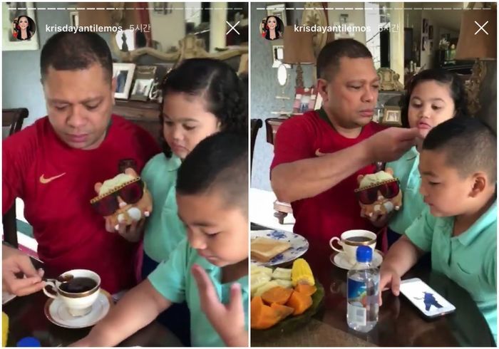 Raul Lemos yang sedang suapi kedua anaknya kopi