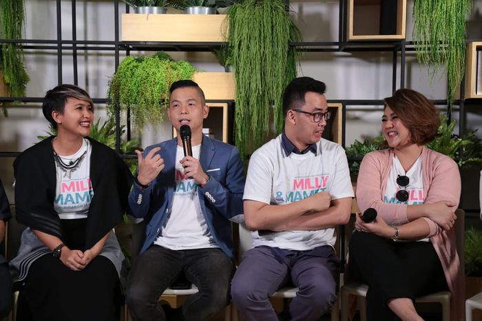 Meira Anastasia, Ernest Prakasa, Dennis Adhiswara, dan Sissy Priscillia di peluncuran teaser film Milly &amp; Mamet di Hong Kong Kafe, Menteng, Jakarta Pusat, Kamis (12/7/2018).