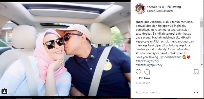 Postingan Sheza Idris dalam rangka merayakan anniversary pertama bersama suami