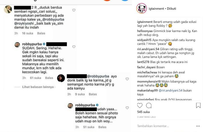 Robby Purba membalas beberapa komentar netizen