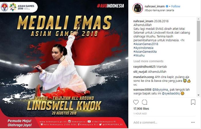 Ucapan selamat Imam Nahrawi untuk Lindswell Kwok