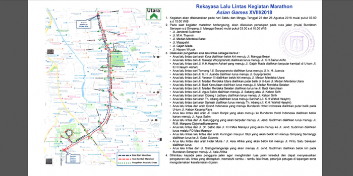 Peta penutupan dan pengalihan arus saat marathon Asian Games pada 25 dan 26 Agustus 2018 