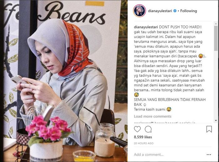 Unggahan curahan hati Dian Ayu Lestari di akun instagramnya
