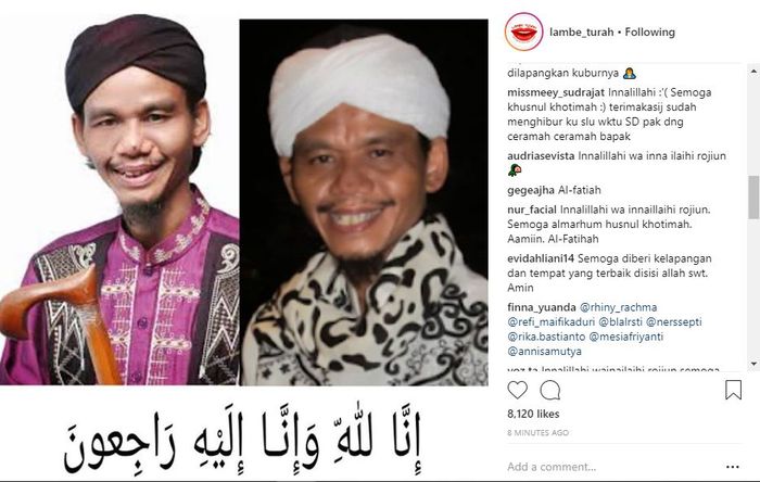 Akun gosip mengunggah kabar duka atas meninggalnya Ustaz Cepot, Senin (27/8/2018).