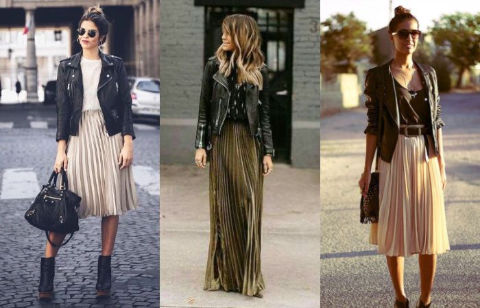 Rok plisket dan jaket kulit