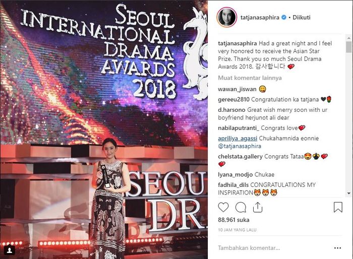 Tatjana Saphira menangkan penghargaan di Seoul International Drama Awards 2018.