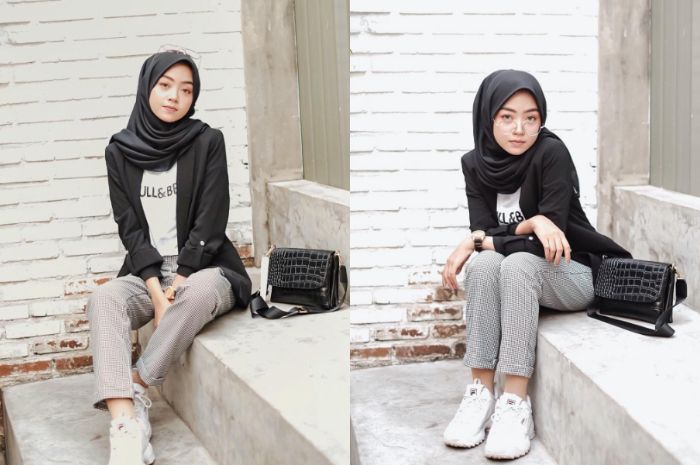Selebgram Meirani Amalia dengan paduan blazer warna hitam dan t-shirt warna putih, serta celana moti