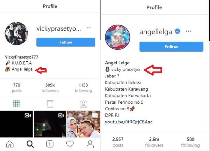 Vicky dan Angel masih menunjukkan nama pasangan masing-masing di Instagram